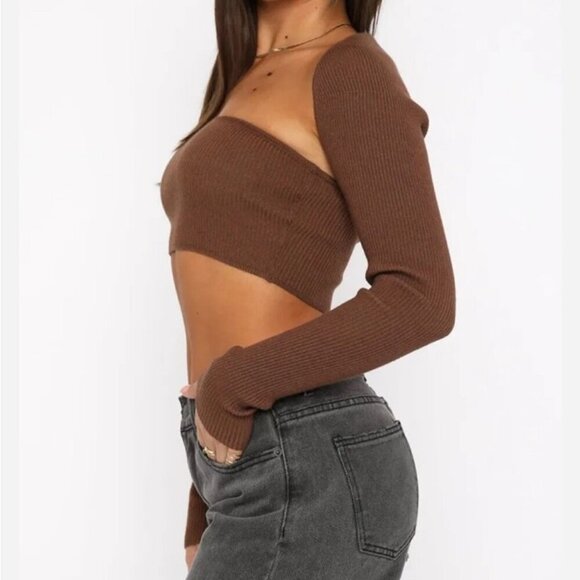 White Fox Forgetting You Ribbed Knit Long Sleeve Crop Top Women’s Size Medium - Picture 2 of 9